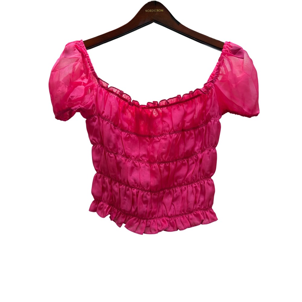 Choosy Womens Hot Pink Smocked Ruffle Crop Top Puff Sleeve XS NWT